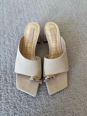 Schutz Women's Cream Block Heel Mule with Metal Accent